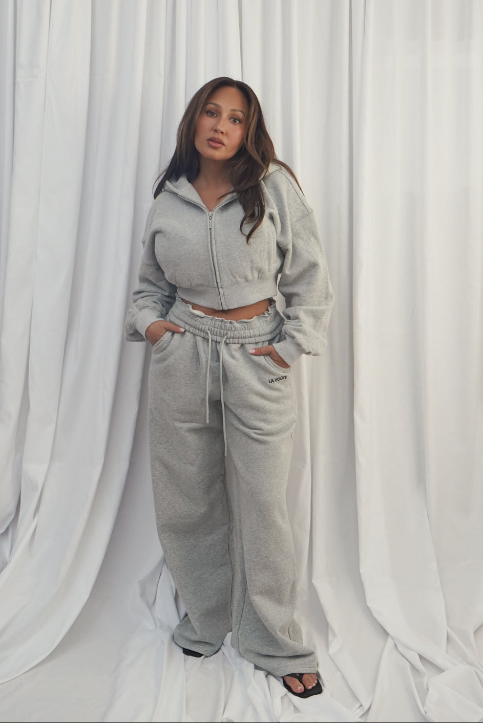 LA VOÛTE Le Sport Zip Up in Grey Storm— 100% Cotton Fleece Cropped Full-Zip Hoodie