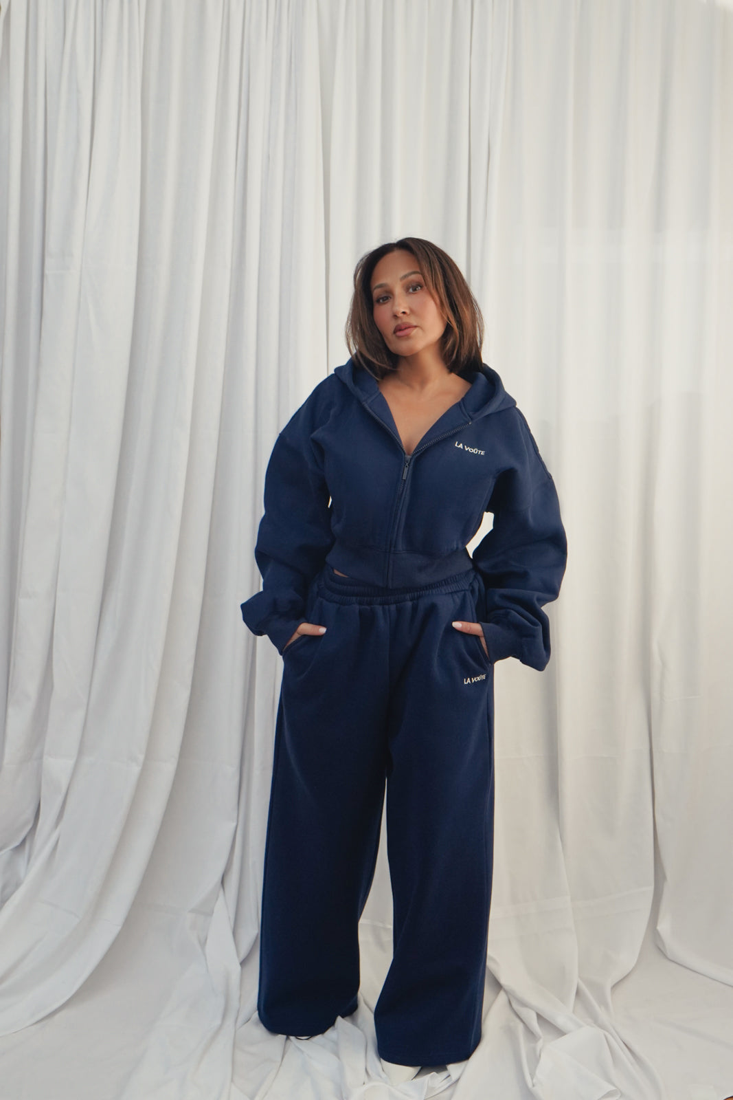 LA VOÛTE Le Sport Zip Up in Coast Navy  100% Cotton Fleece Cropped Full-Zip Hoodie