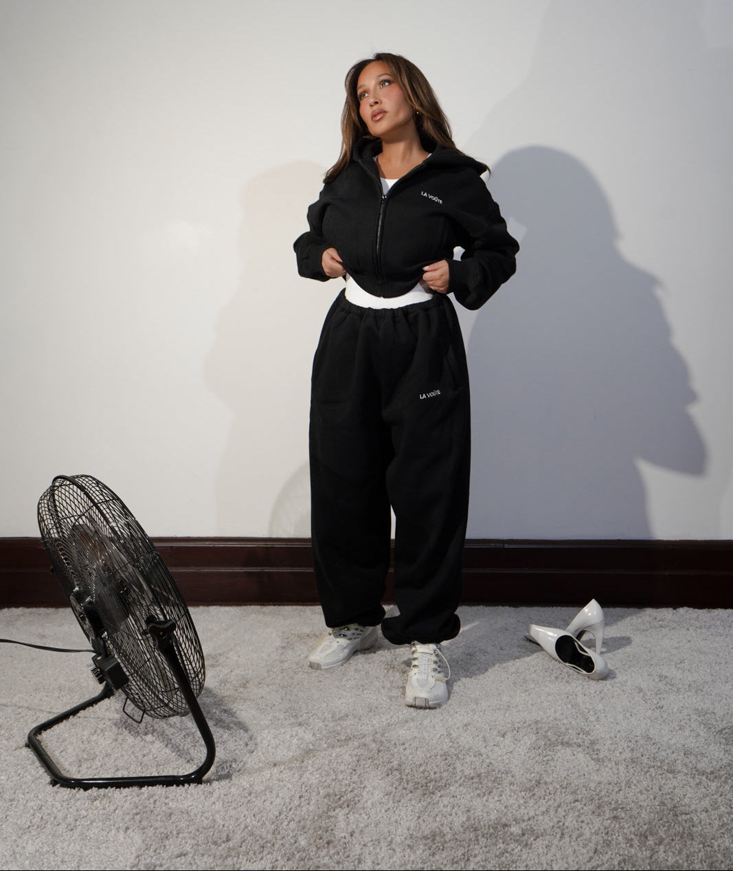 LA VOÛTE Le Sport Zip Up in Shadow Black — 100% Cotton Fleece Cropped Full-Zip Hoodie