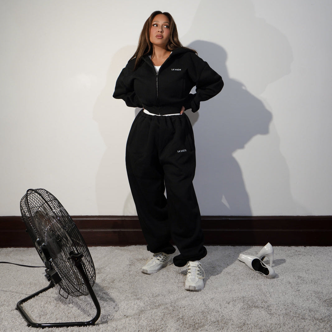 LA VOÛTE Le Sport Zip Up in Shadow Black — 100% Cotton Fleece Cropped Full-Zip Hoodie